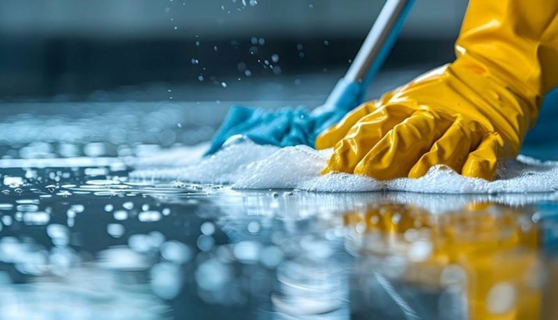 Hands wiping down a surface with a cleaning cloth